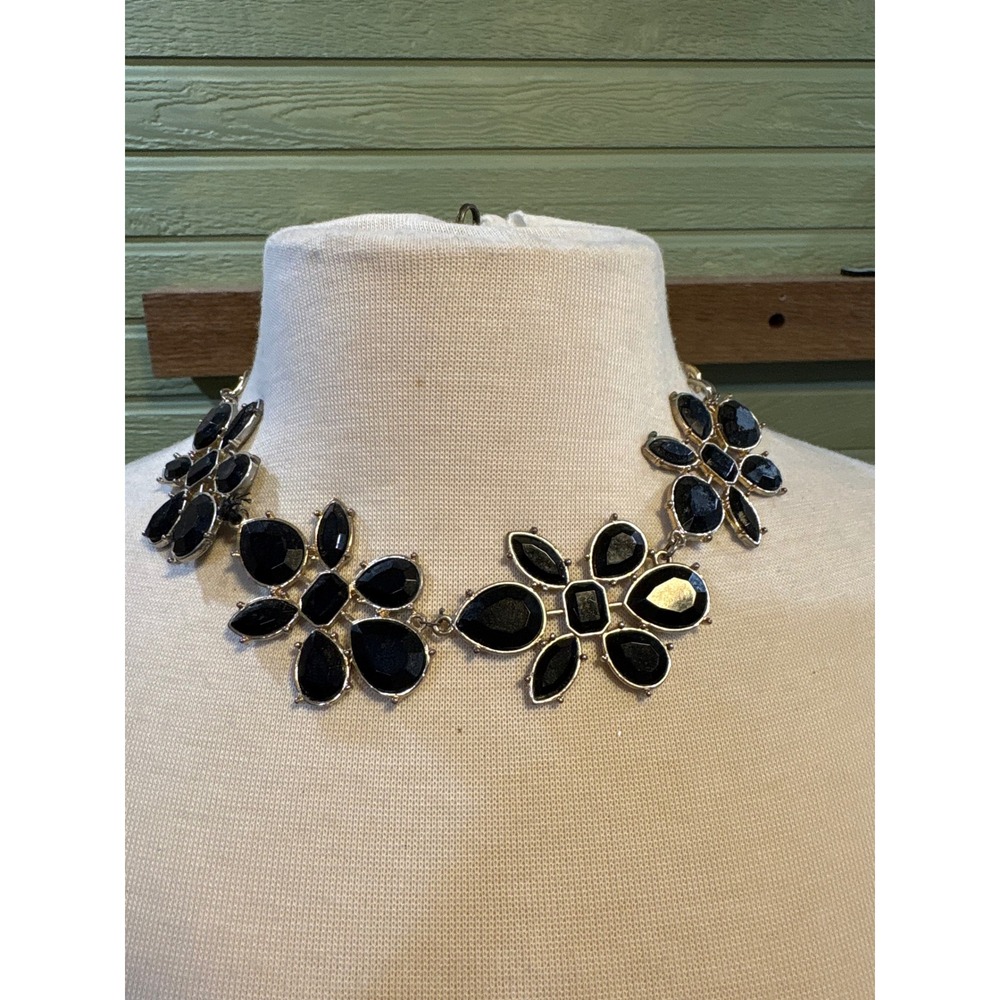 Black Smoke Gold Tone Faceted Flowers Statement Necklace Adjustable Collar
